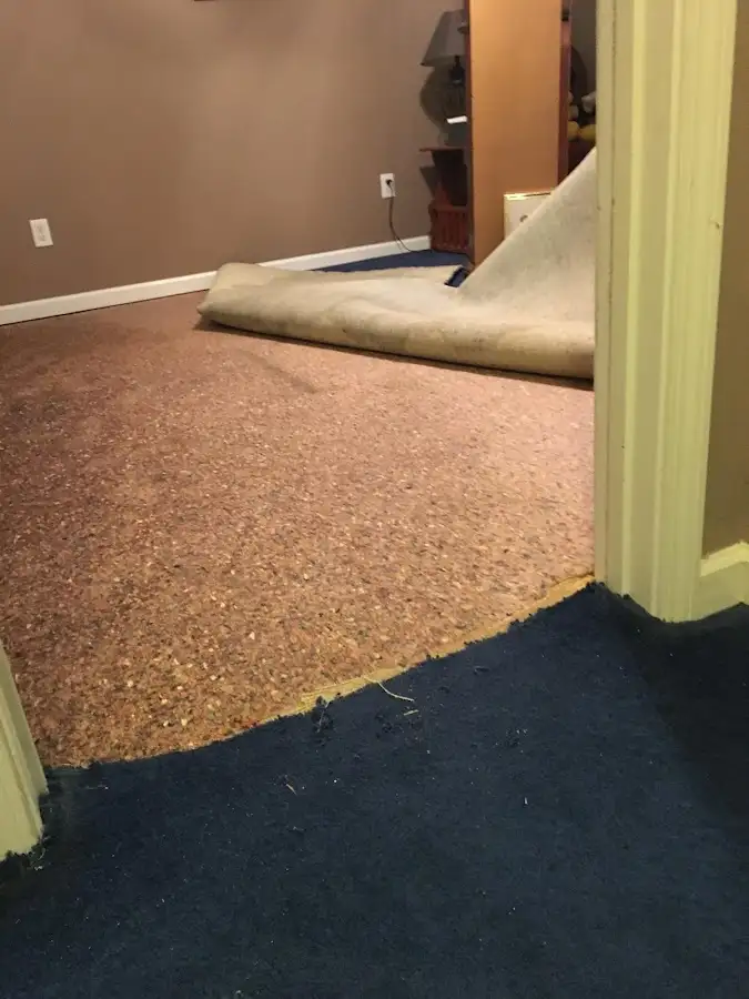 Carpet pad removal revealing water damage during Drying & Dehumidification in Bremen